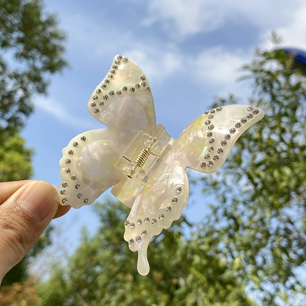 女性のための蝶のヘアクリップ,大きなヘアクリップ,アセテート,グラデーション,バタフライクロー,クリエイティブラインストーン,動物のクリップ,ヘアアクセサリー