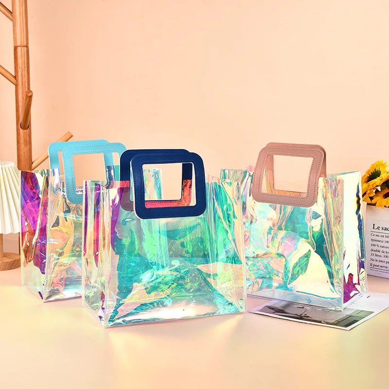 4pcs rainbow color transparent pvc handbag, shopping wedding, christmas day gifts, party gifts, jewelry bags