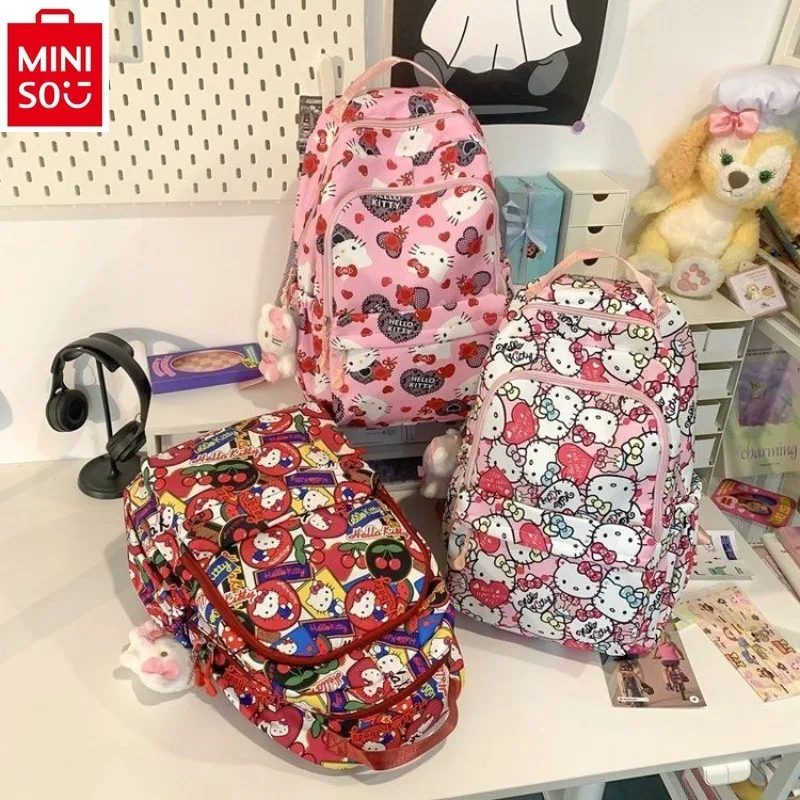 MINISO   Cute Bow Hello Kitty Large Capacity School Bag, Sweet and Versatile for Students, High Quality Nylon Contrast Backpack