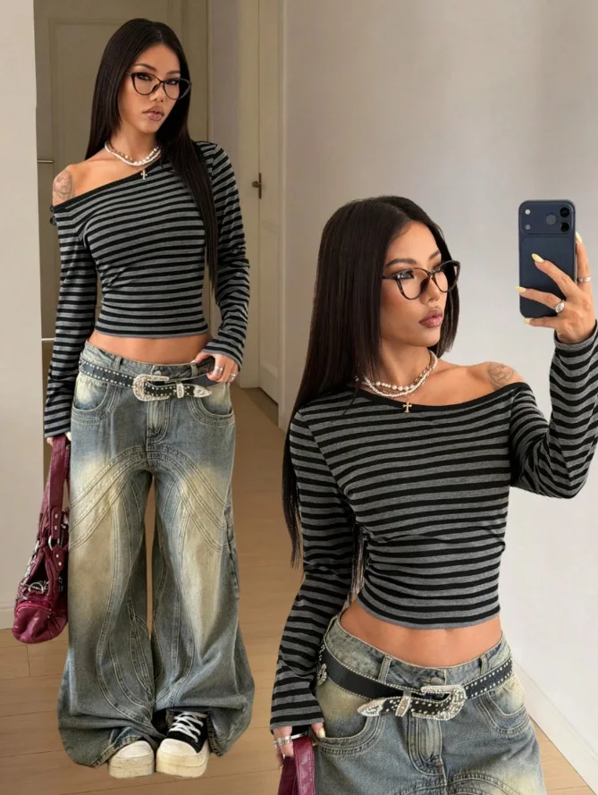 

Асимметричная футболка в полоску с открытыми плечами, уличный стиль, сексуальная, удобная, дышащая, подчеркивающая фигуру, шикарная летняя футболка