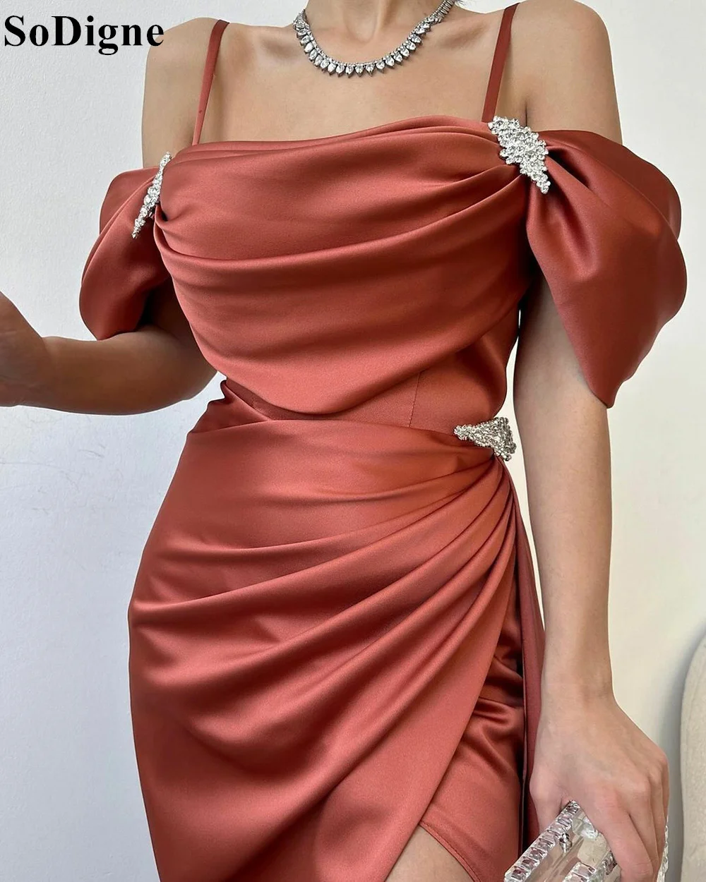 SoDigne Sexy Rust Red Satin Evening Dresses Spaghetti Strap Off Shoulder High Split 2024 Party Prom Gowns for Special Occasion