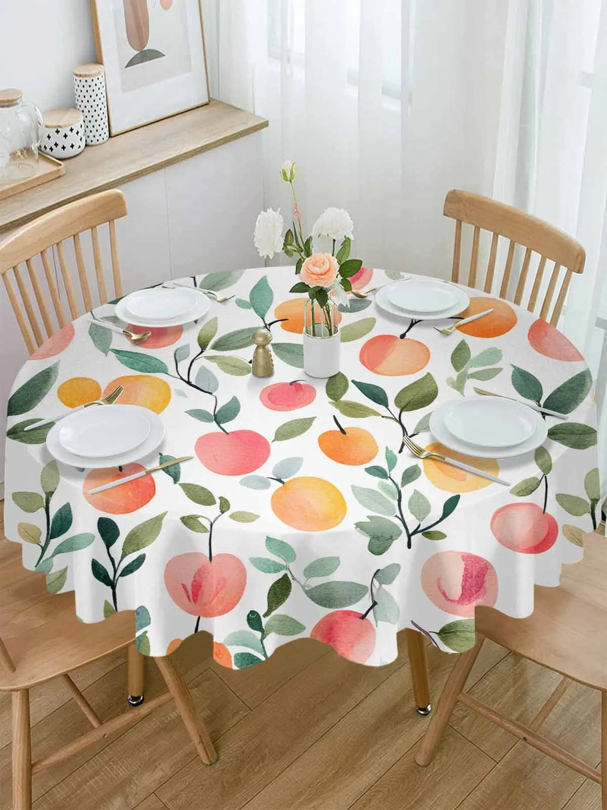 

Spring Peach Fruit Leaf Round Table Cloth Cover Waterproof Wedding Holiday Tablecloth Coffee Table Decor