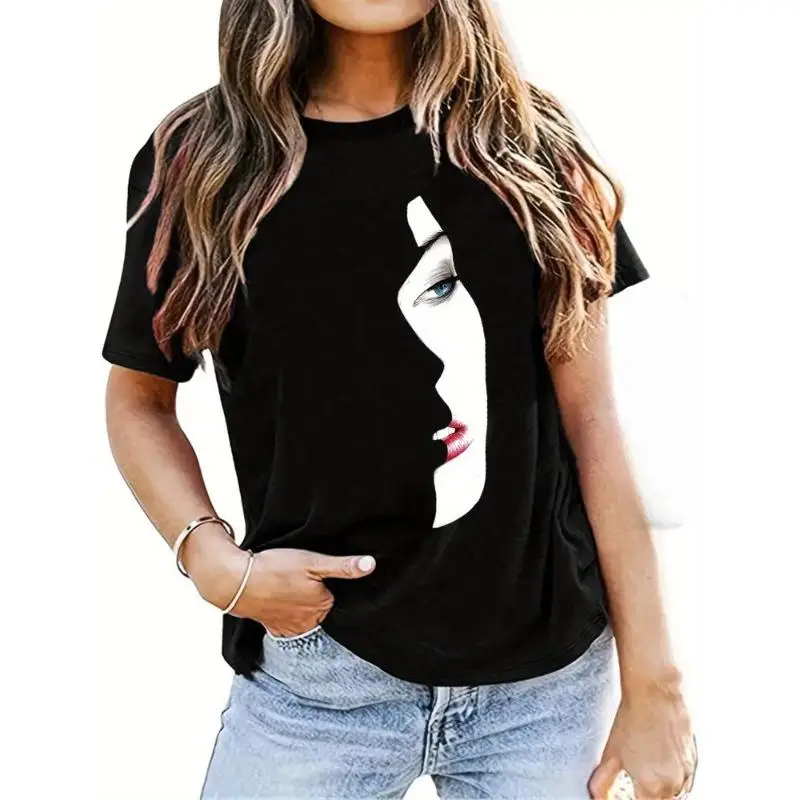 

Women Negative Space T-Shirt Abstract Face Optical Illusion Graphic Tee Dual Profile Minimalist Art Print Casual Top Gift