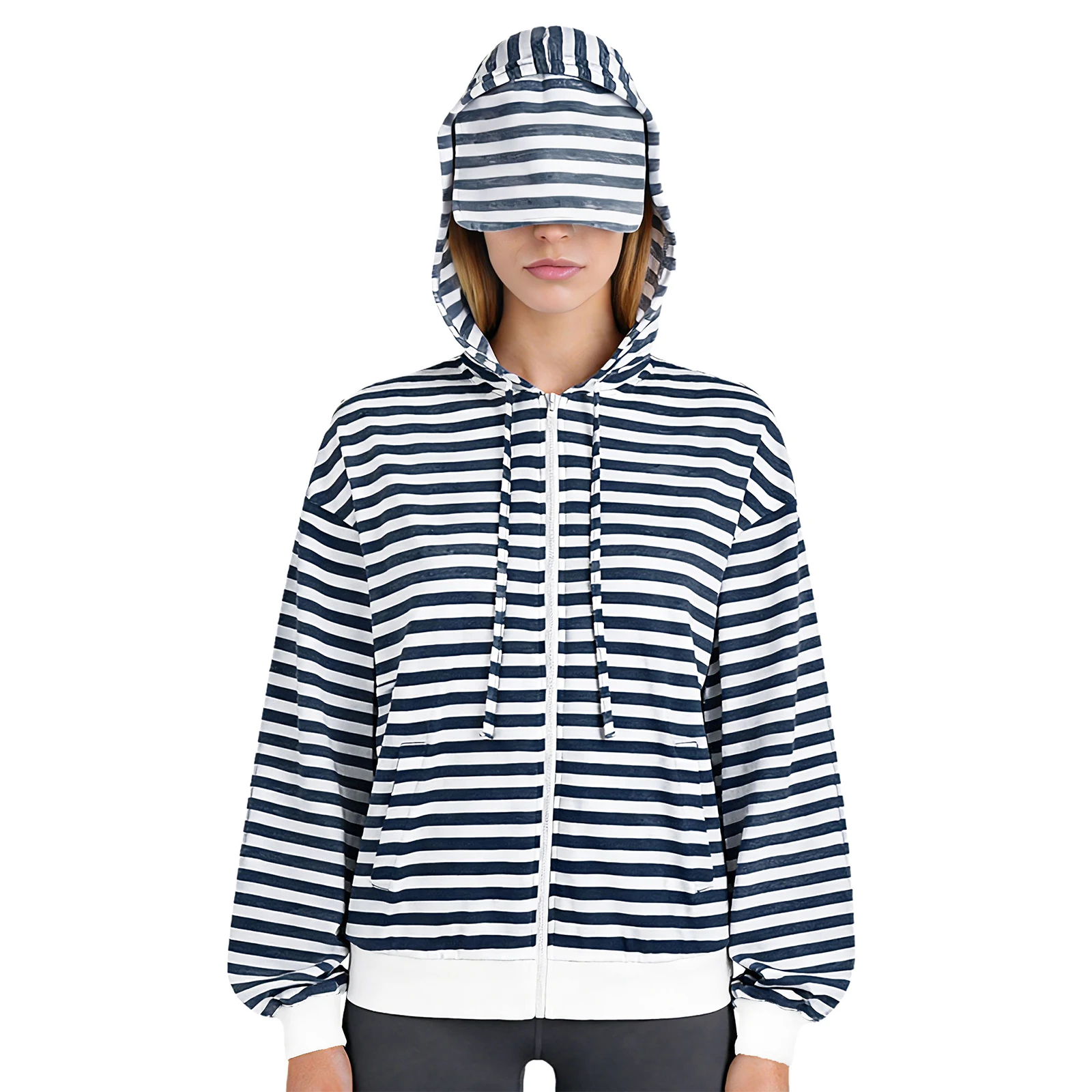 

Модная свободная куртка унисекс для путешествий, полосатая толстовка на молнии с капюшоном на шнурке, верхняя одежда с маской для глаз и карманами