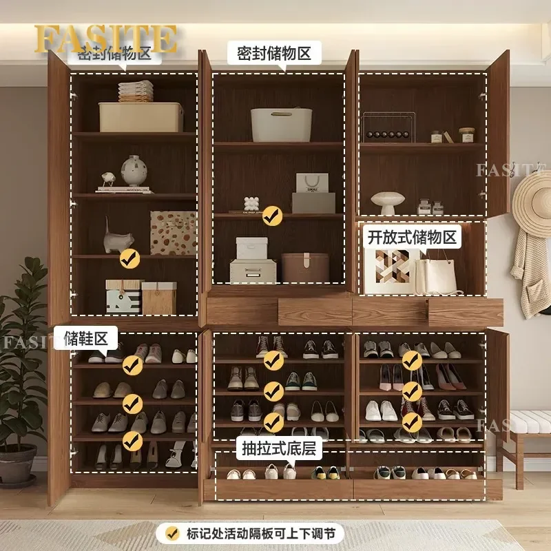 For Home Oak Shoe Cabinet Walnut Color Solid Wood Large Capacity Pull Out Storage Locker Integrated Against Wall Entrance