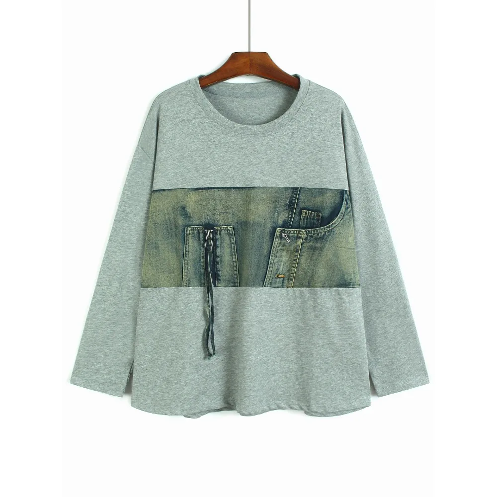 

SuperAen High Street Design Джинсовая лоскутная футболка с длинными рукавами для женщин, осень 2022, новые модные топы со свободной талией в корейском стиле