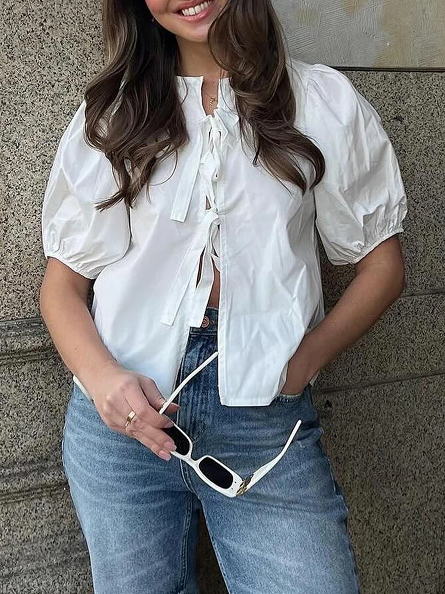 Women Summer Basic T-Shirt Casual Solid Color Tie Front