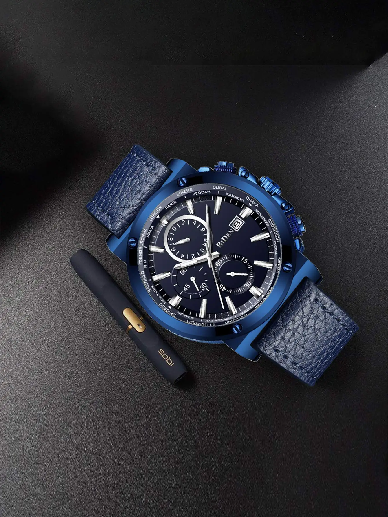 Luxury brand BIDEN men's watch large dial waterproof calendar multifunctional leisure sports clock blue leather quartz watch