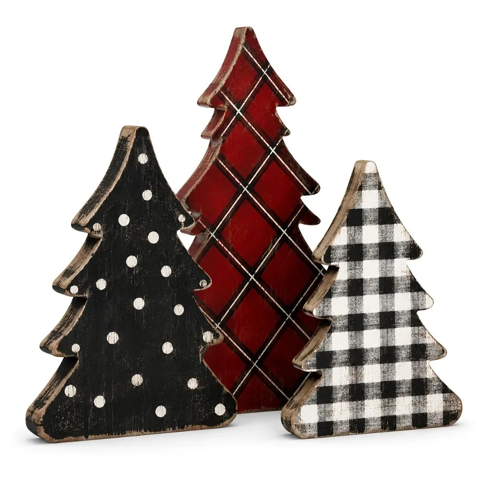 3/4/5pcs Rustic Farmhouse Style Wooden Christmas Tree Ornaments 2D Flat Lightweight Merry Christmas Decor Classic Self-Standing