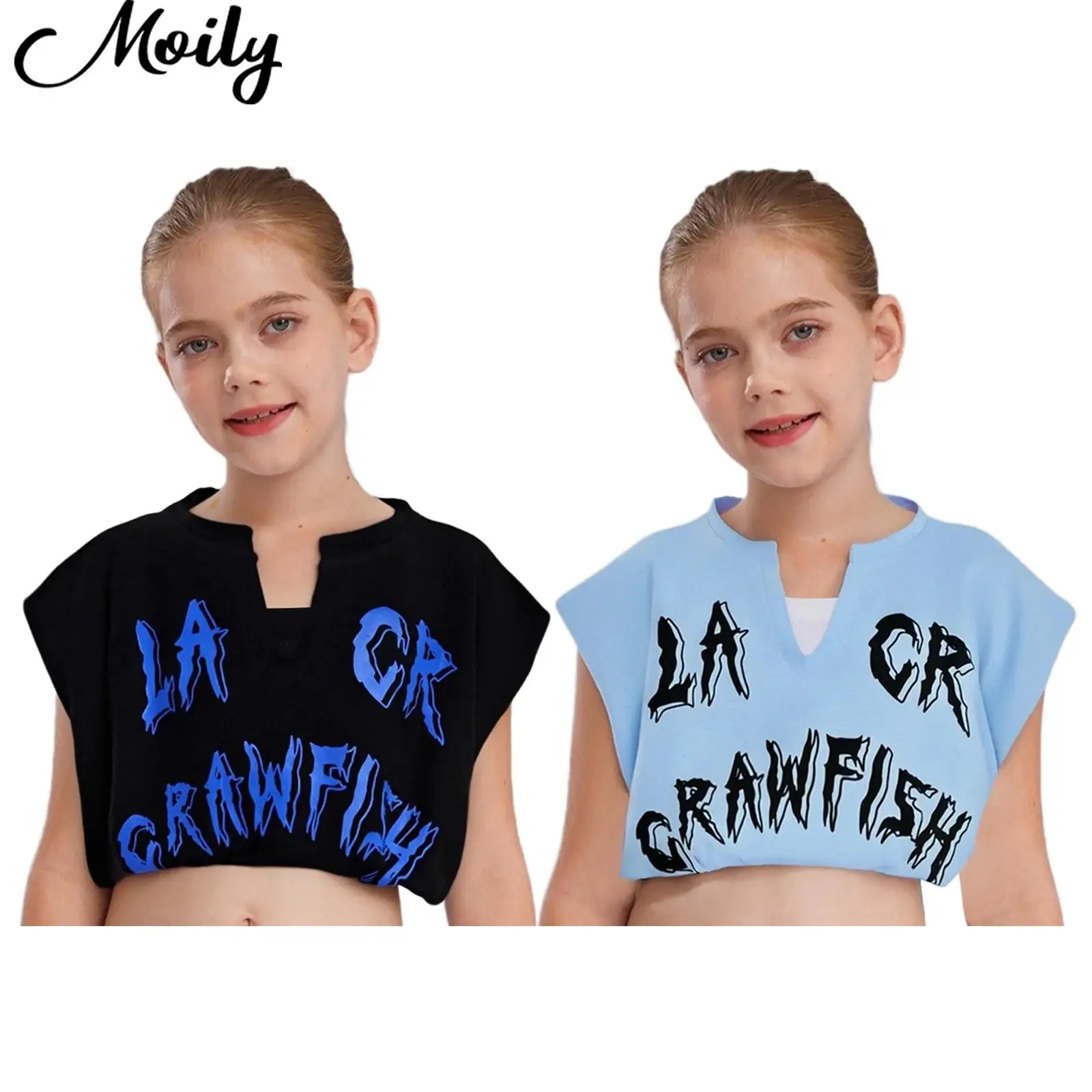 

Kids Street Dancing Top Girls Hip-Hop Jazz Dance Sports Letter Printed Crop Top V-Neck Sleeveless Top with Built-in Camisole