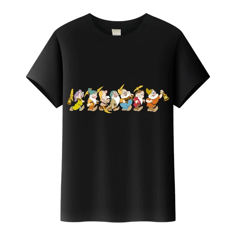 

Kawaii Disney Seven Dwarfs Графическая женская футболка с круглым вырезом, футболки больших размеров, детский топ, мужские блузки, семейная футболка в стиле Харадзюку с короткими рукавами