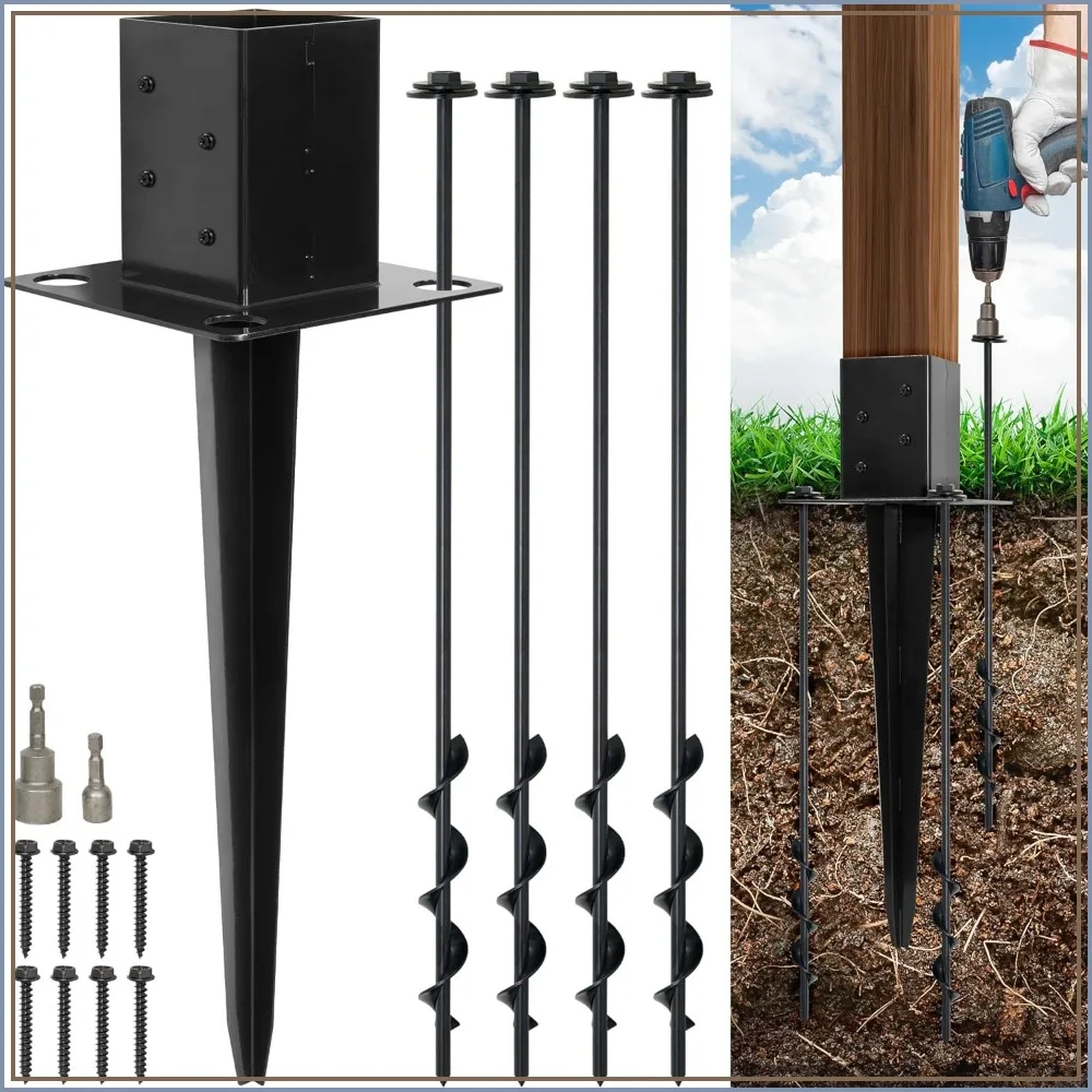

4x4 Fence Post Anchor Ground Spike 24” Length with Ground Anchors Screw in - Metal Black Powder Coated – Mailbox Post Anchors – Fit 3.5x3.5 Standard (1 Pc)
