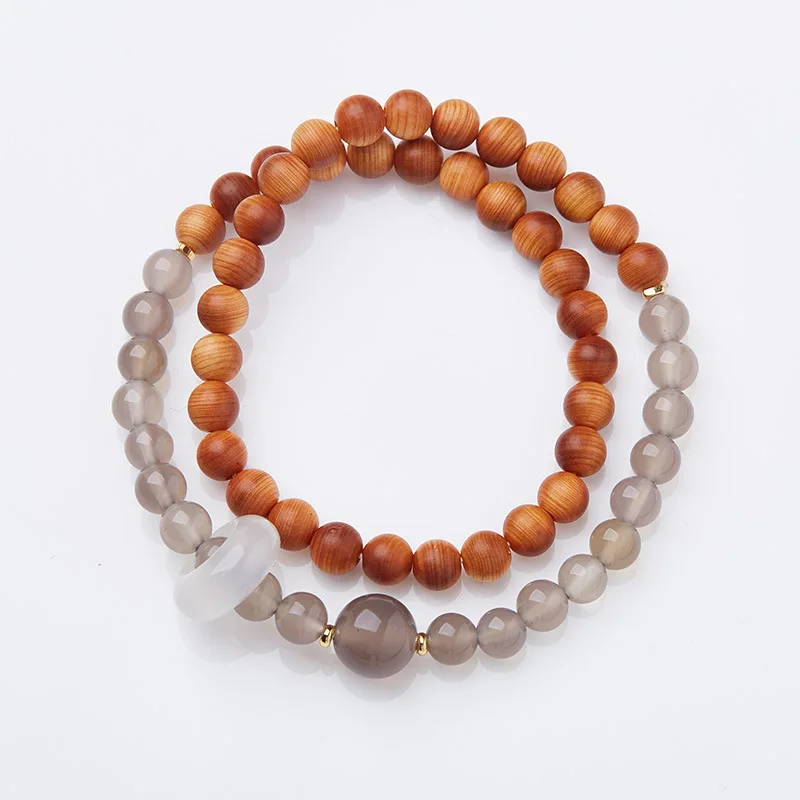 Natural Cliff Cypress Wooden Beads Bracelets Women Men Ethnic Meditation Gray Agate Stretch Bracelets Healing Yoga Jewelry