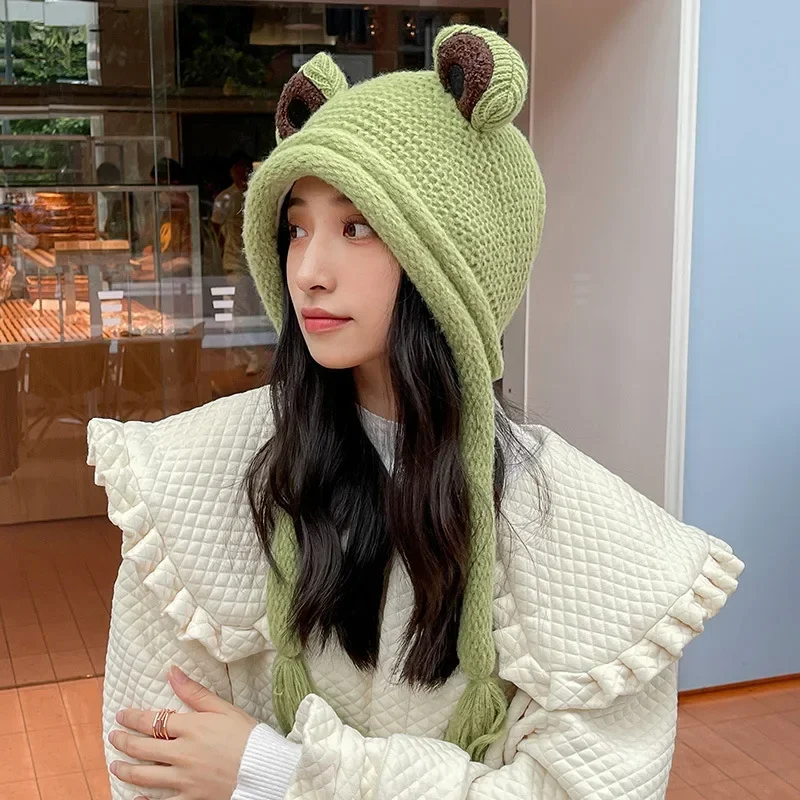 Winter Fashion Women's Crochet Frog Headband Hat Beanie Cute Cartoon Big Eyes Frog Ear Guards Warm Earmuffs Cap