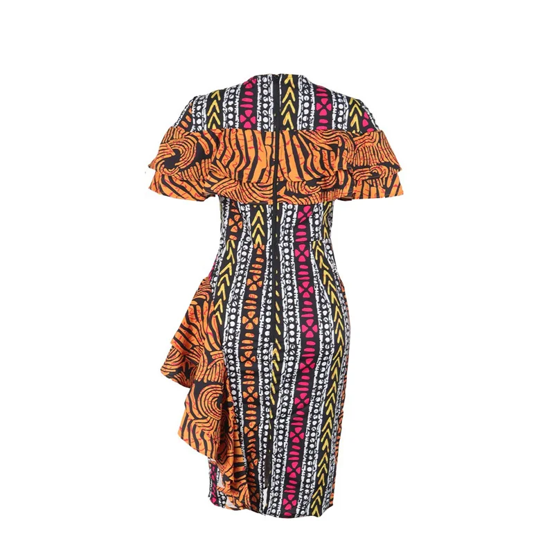 Slergiri Women's Ethnic Style Print Back Split Dress 2025 Summer O-Neck High Waist Boho Ruffle Trim Bodycon Midi Dresses