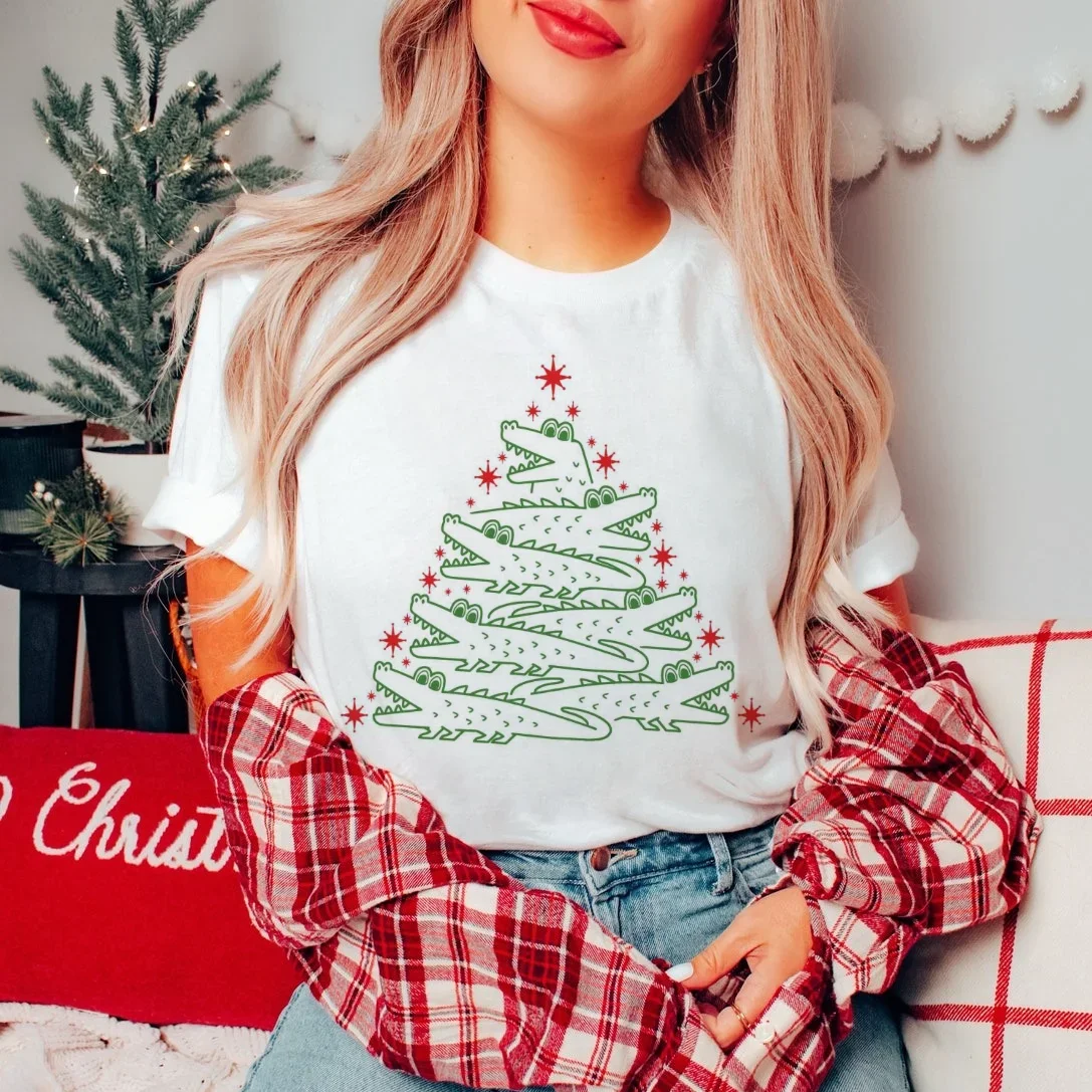 Funny Christmas Tree Crocodile Printed Cartoon T-Shirt Short Sleeve Watercolor Style Top Clothing Printed Trendy Versatile T-Shi