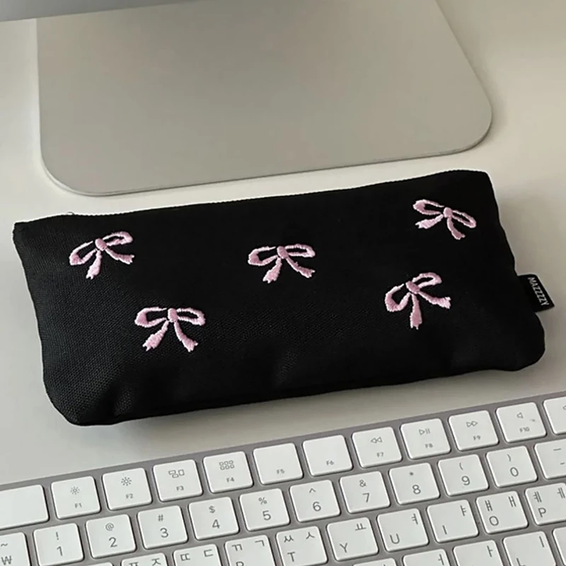 Estuche de lápices con lazo negro minimalista, bolsa de almacenamiento de papelería de gran capacidad, bolsa de maquillaje, suministros escolares, 1 unidad