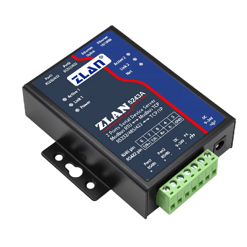 ZLAN-Dispositivo Multi-Serial, Gateway Modbus RTU, 5243A, 2 Portas, RS485 para Ethernet, RJ45, TCP IP, RS232