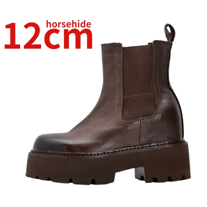 12cm Height Increasing Boots for Women's Genuine Leather Hand Sewn Water Washed Horsehide Thick Soled Street Chelsea Short Boots