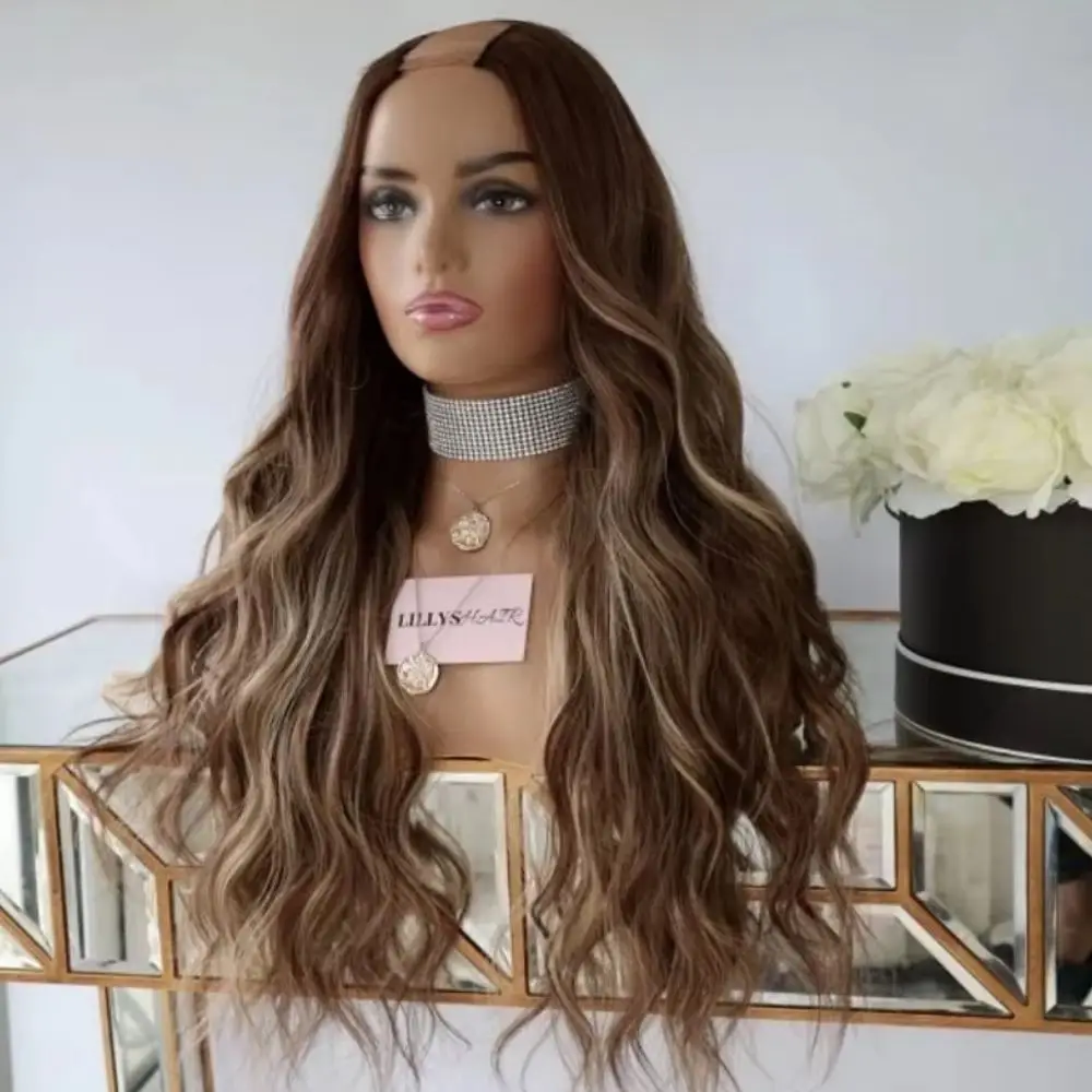 Balayage Human Hair U-Part Wig Brown Roots Blonde Color 27 Highlights Soft Virgin Hair V Part Wig Thick Long Wavy For Women