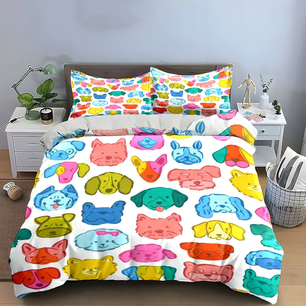 Multicolor Pastel Dog Head Sketch Seamless Duvet Cover Set,White Base Art Bedding Includes 1 Duvet Cover And 2 Pillowcase,Gift