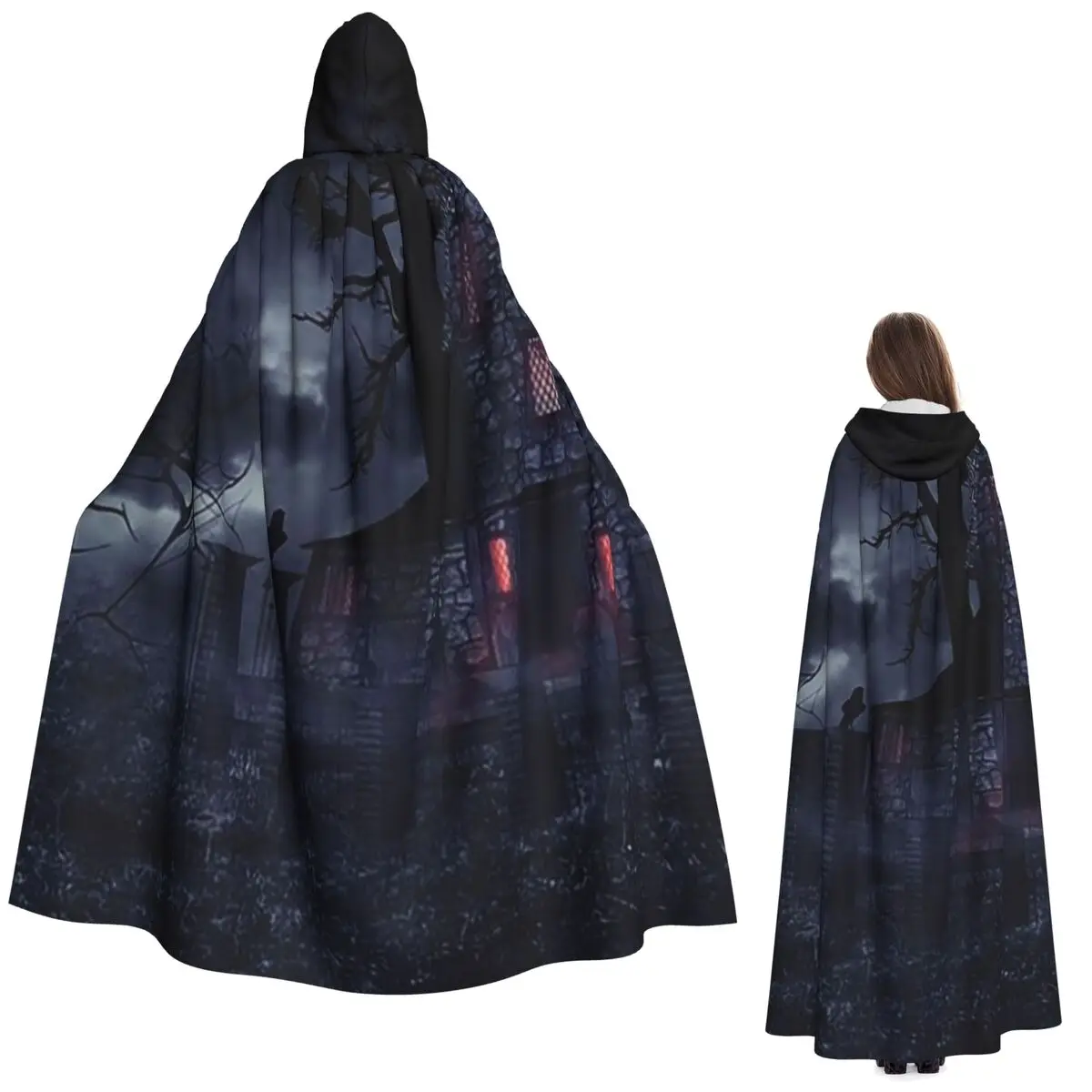 

Haunted House And Crows Long Hooded Cloak Witch Medieval Costume Cosplay Cape HalloweenCoat Adult Unisex