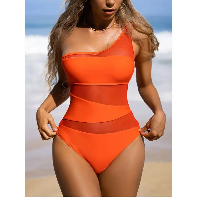 2024 New Sexy Mesh Patchwork costumi da bagno donna costume intero donna una spalla bagnanti costume da bagno Beachwear