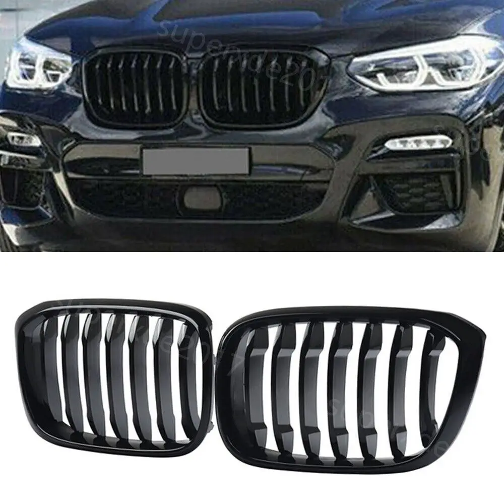 Front Bumper Kidney Grille Grill Hood Replacement For BMW X3 G01 X4 G02 2018-2021 Gloss Black Radiator Single-line Grille