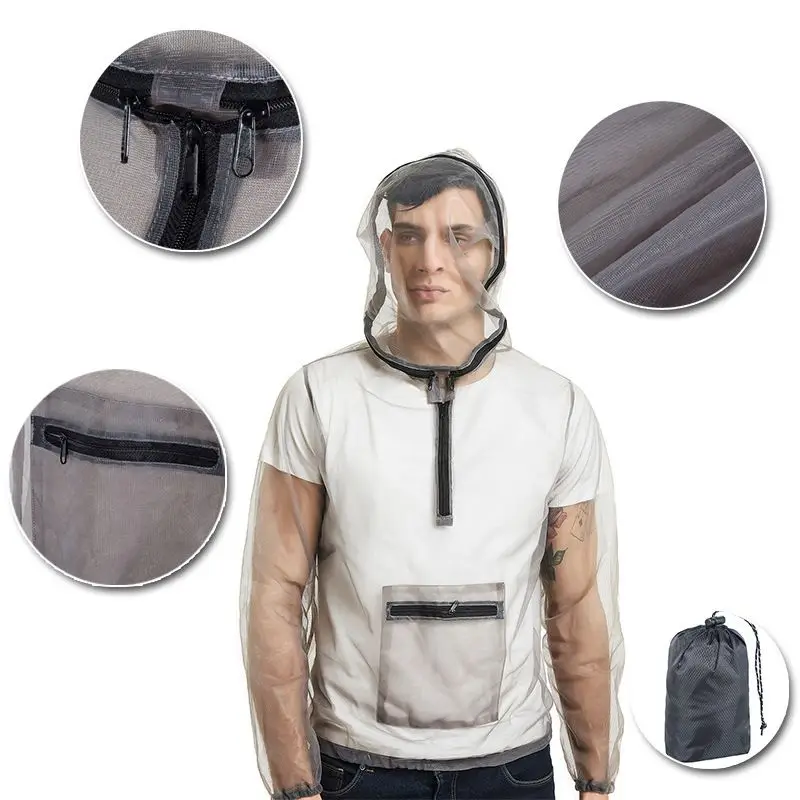 Fishing Outdoor Ultralight Mesh Hooded Bug Jacket Anti-mosquito Through Protective Mesh Shirt Insect Shield for Camping Hiking