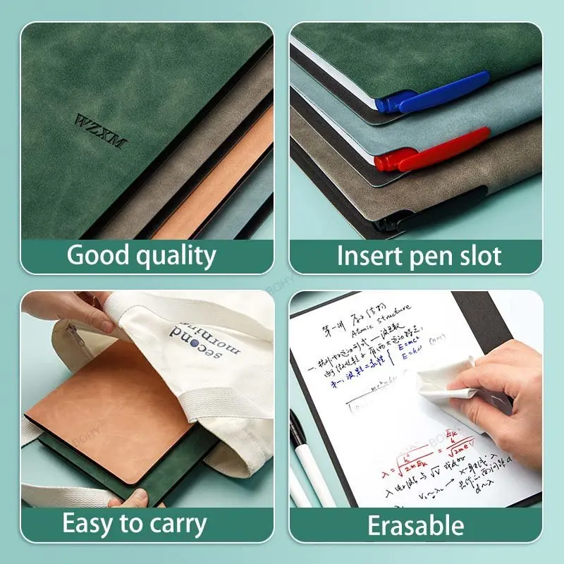 A5 Reusable Whiteboard Notebook Leather Memo Free Whiteboard Pen Erasing Cloth Weekly Planner Portable Stylish Office Notebooks