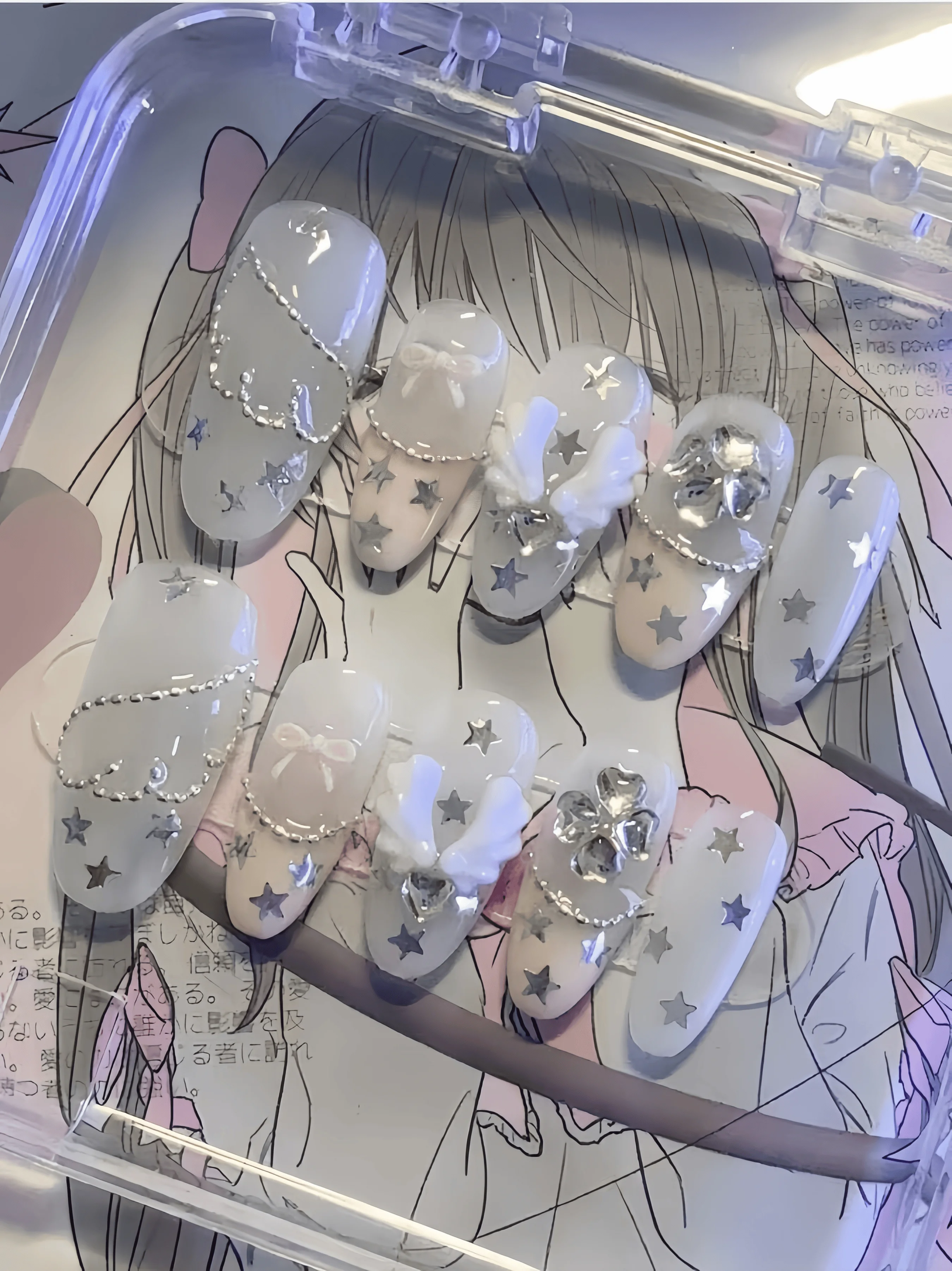 10 Pieces of Handmade Long Ballet Oval Nail Tips, Medium Length, Ice-Clear Nude White, Y2K Silver Chain Angel Wings Sweet Girl Style, Suitable for Young Girls, Comic Conventions, Date Photos, Exquisite Gift Giving, Inc
