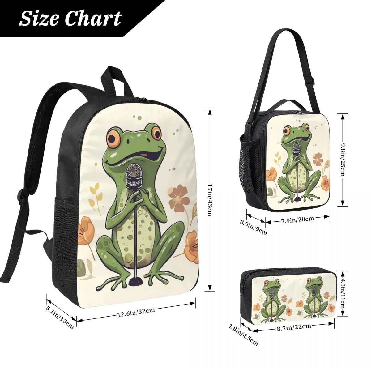 Cartoon Frog Joyful Singing Backpack Student BookBag School Bag Computer Shoulder Bags 3ps Insulated Lunch Bag Pencil Case