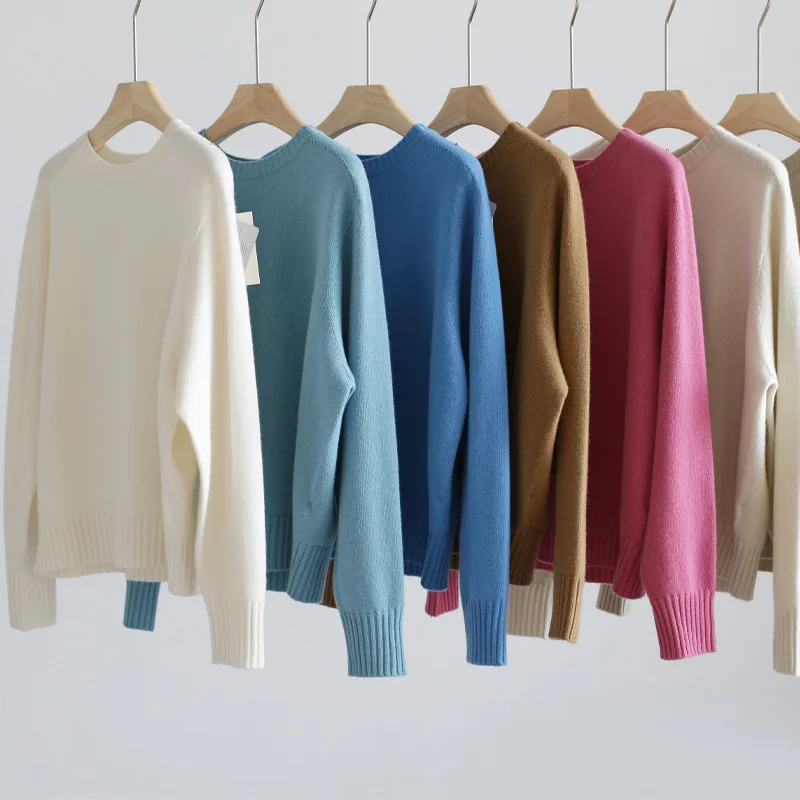 

100% Wool Round Neck Seamless Loose Solid Color Pullover Top Long Sleeve Sweater