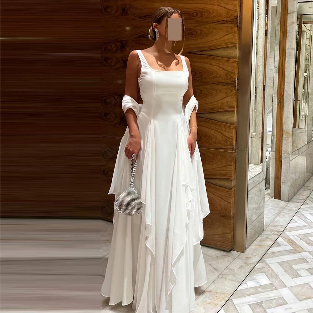 

Women's Long Chic Evening Dresses 2025 Chiffon A-line Prom Dress White Square Neck Ruffles Shawl Elegant Party Gown