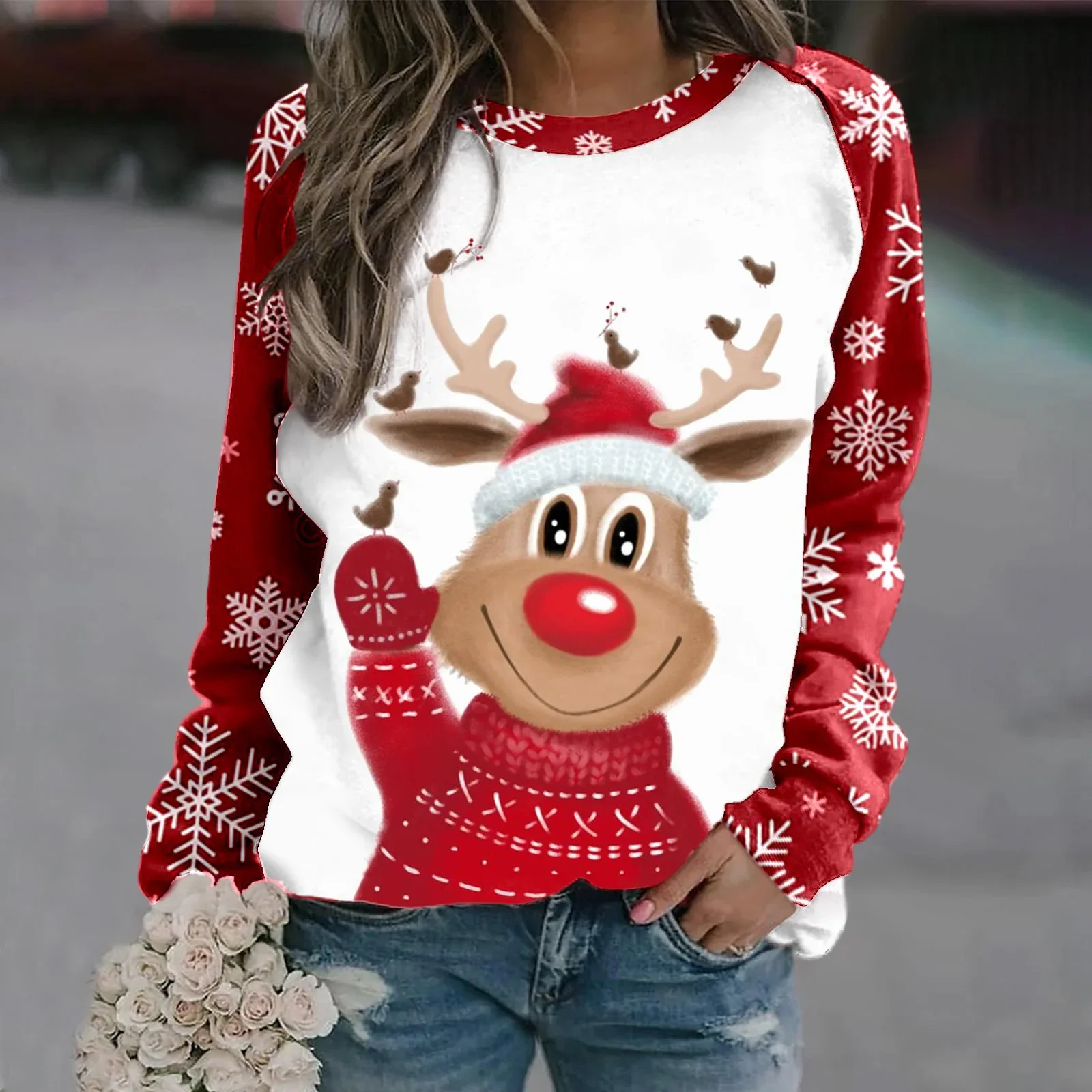 

2024 Hot Sale Unisex Round Neck Sweater Christmas Style 3D Printed Street Style Ladies Pullover