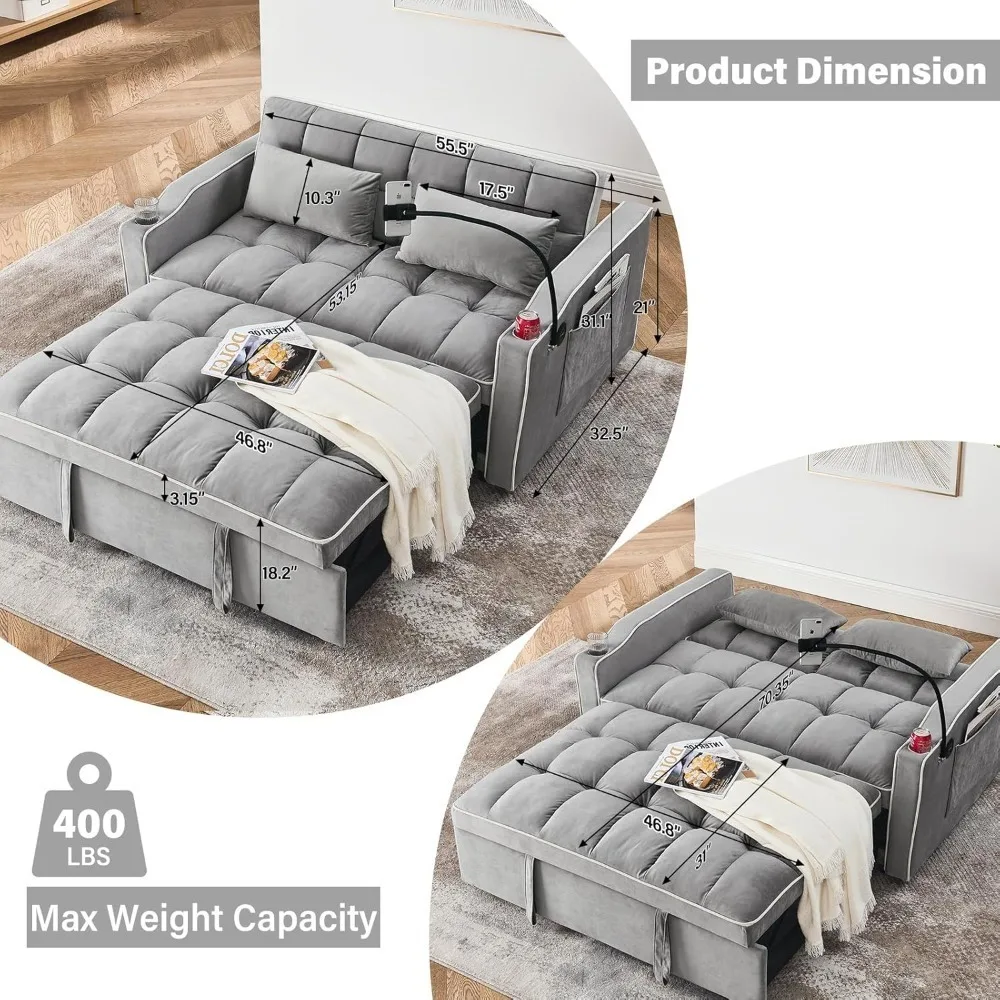 Convertible Sofa Bed,3 in 1 Velvet Sleeper Sofa Pull-Out Bed,55'' Loveseat Sleeper Sofa Bed with Adjustable Backrest with image 2