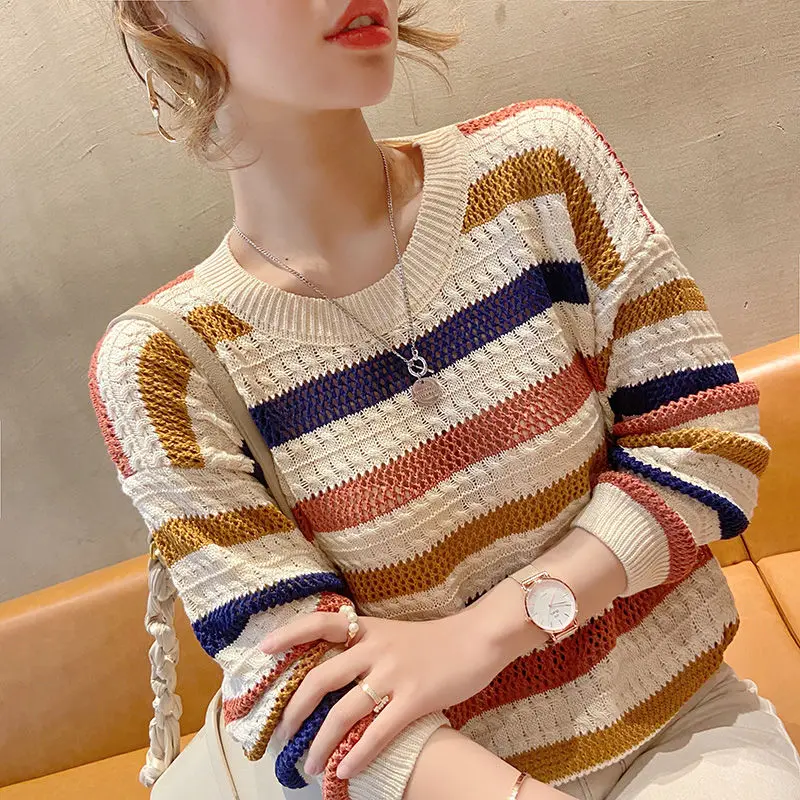 Women Autumn Korean Fashion Loose Multicolor Striped O-neck Long Sleeve Knitwear Women Clothes Casual All-match Office Lady Tops