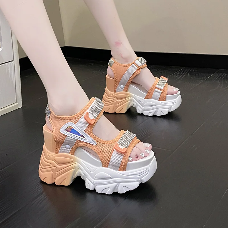 Women Bling Chunky Sandals Summer Designers Open Toe Hook Loop Shoes 10CM High Heels Mesh Sandals Casual Woman Wedges Sneakers