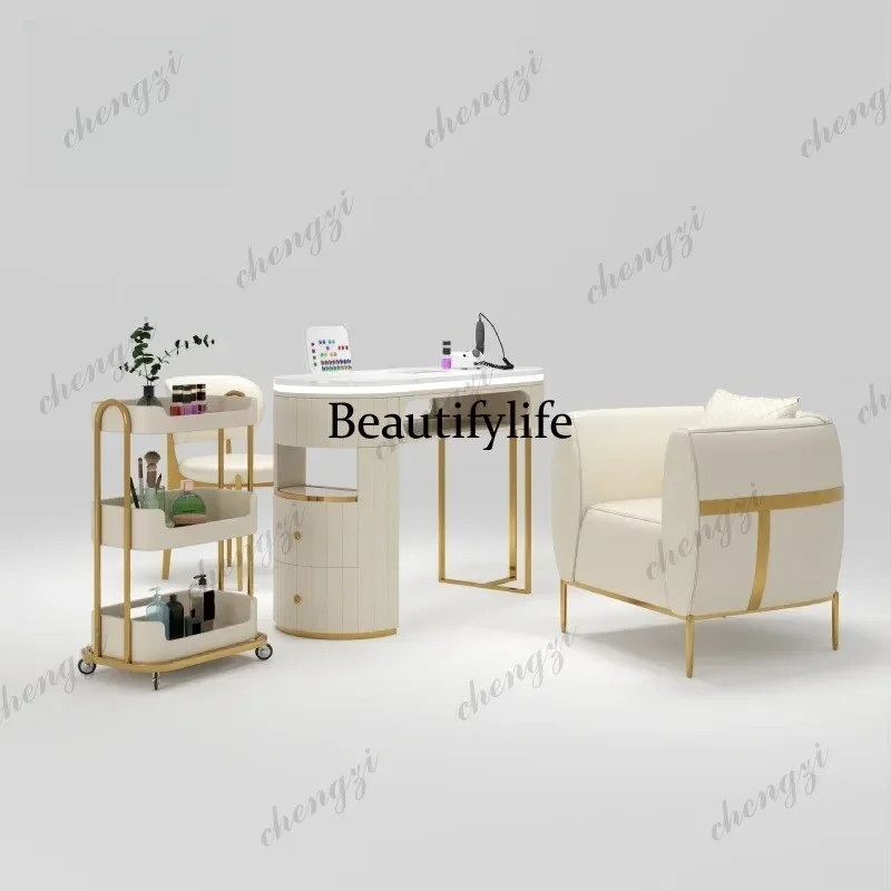 E182  Modern Light Luxury White Salon Furniture Equipment Beauty Lash Manicure Table Salon Nail Table and Chair Stool Set