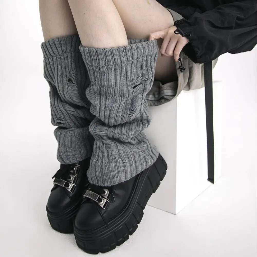 

Elastic Ripped Leg Warmers Women Pile Up Subculture Mid Tube Socks Warm Stockings Knitted Broken Hole Socks Women