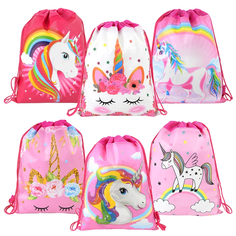 Bolsa con cordón de unicornio para niños y niñas, suministros para fiestas de cumpleaños, mochilas escolares, embalaje de regalo de dulces, 1/6/12