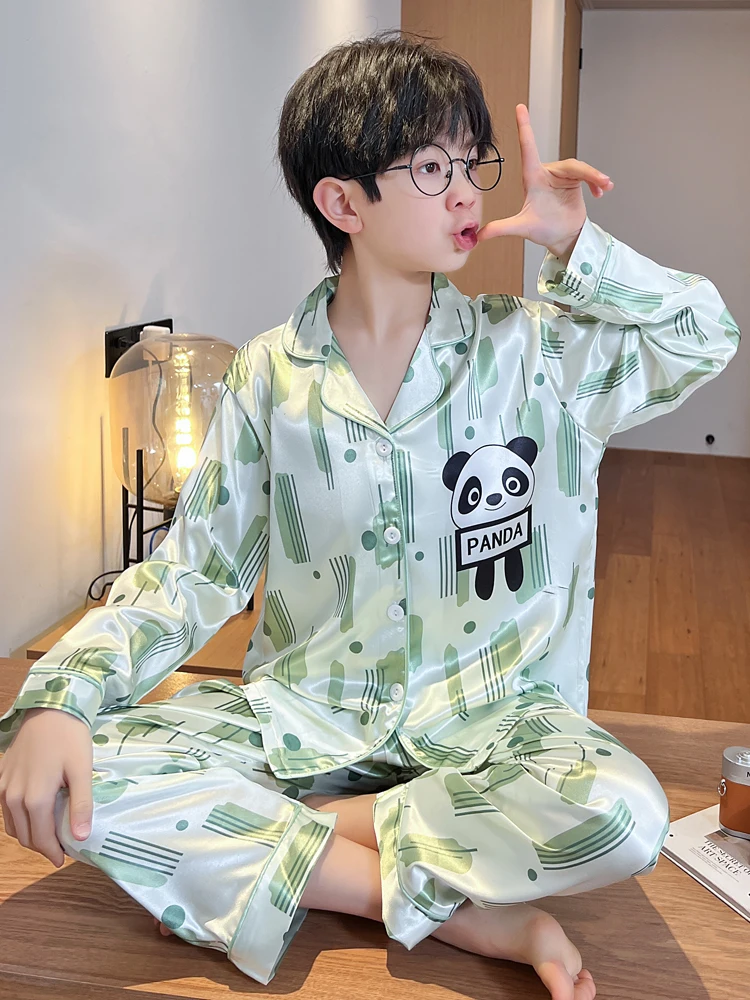 Children's Ice Silk Sleepwear Thin Spring Summer Home Clothes Boy's Long Sleeve Pajamas Breathable Moisture Wicking Anti-static