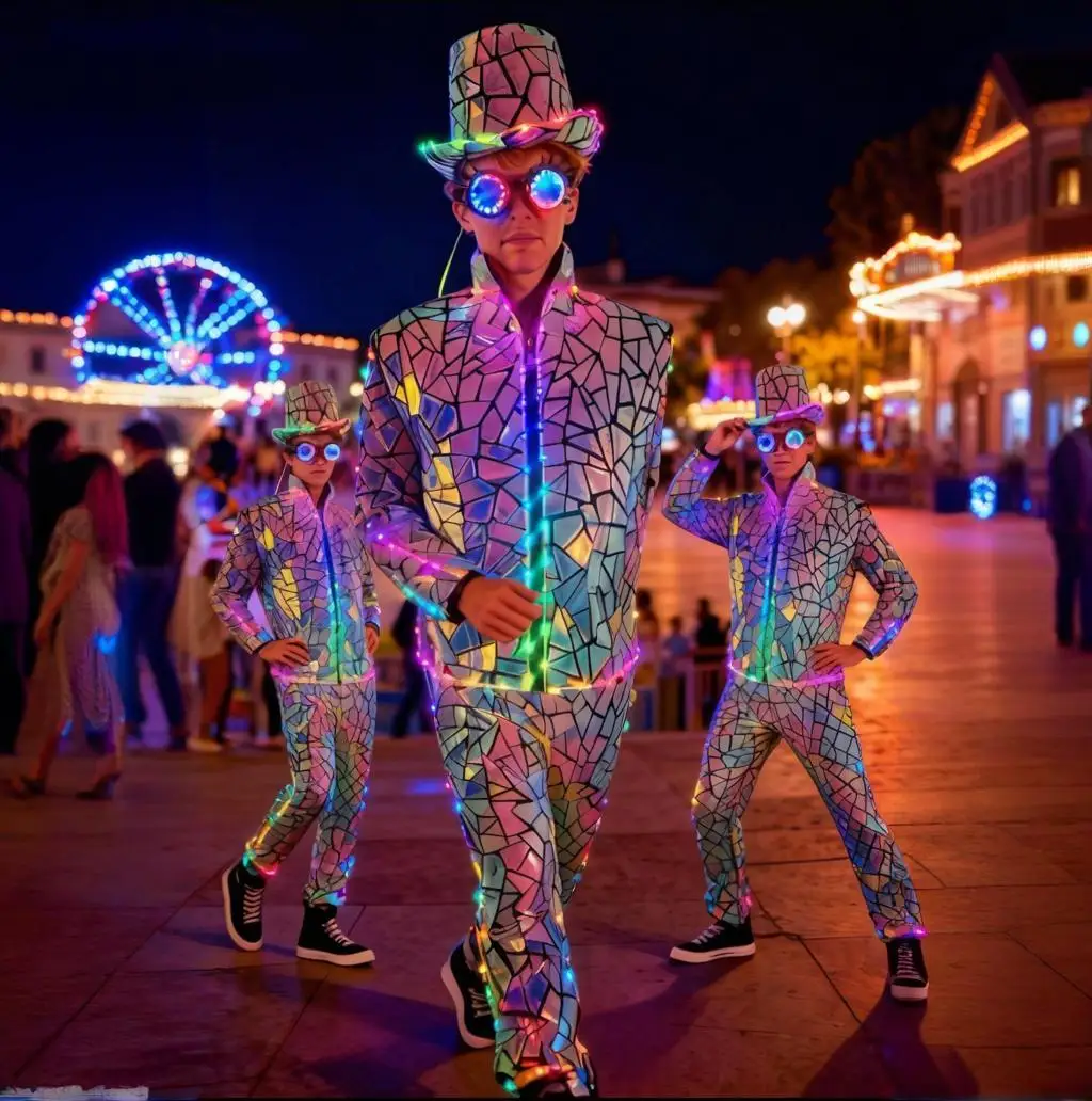 Men's LED Helmet Jacket Set Glowing Rave Wear Disco Costume Cyberpunk Halloween Party Outfit Nightclub Performance Light-Up Suit