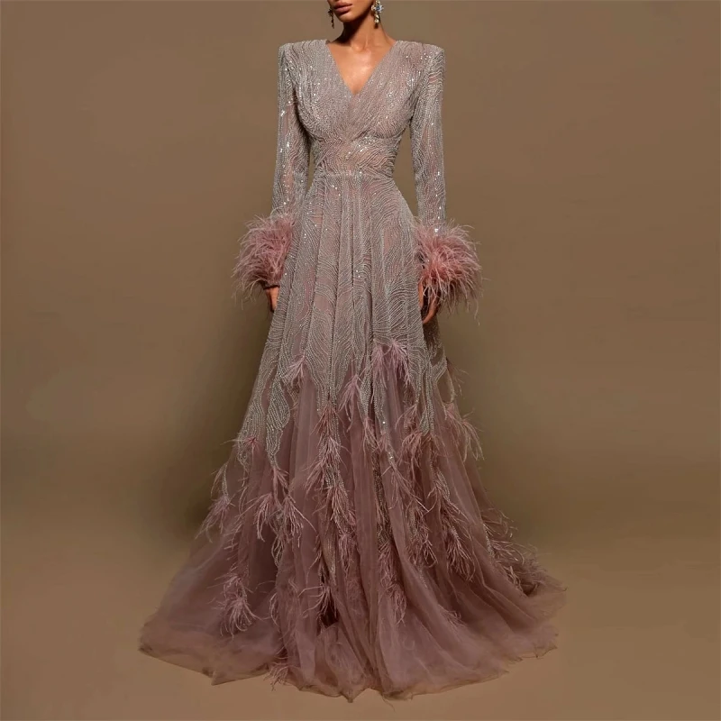 A-Line Star Dresses Evening Prom V-Neck Black Long Sleeve Feather And Floor Skirt Trailing Wedding Dresses 2024 Sequin