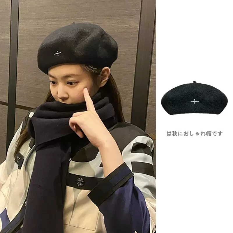 2022 Hallyu New Jennie with The Same Paragraph Embroidered Wool Beret Hat Women's Autumn and Winter All-match Korean Painter Hat