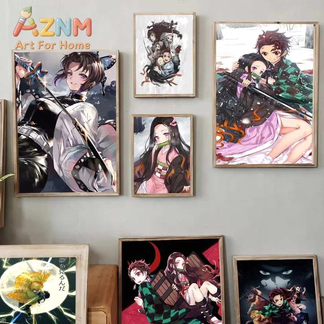 AZNM Demon Slayer Lovely Anime Character Canvas Wall Art Frameless Print Poster for Home Bedroom Living Room Wall Decor