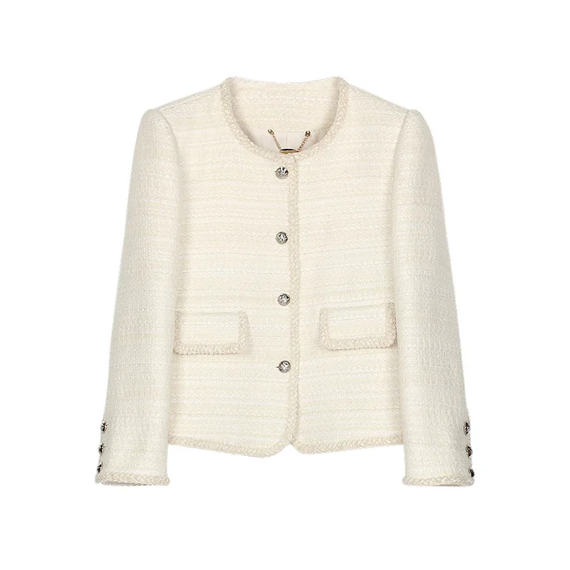 

Elegant High Quality Round Neck Small Fragrance Coat Women Autumn Winter French Long-sleeved Tweed Woven Basic Office Lady Coat