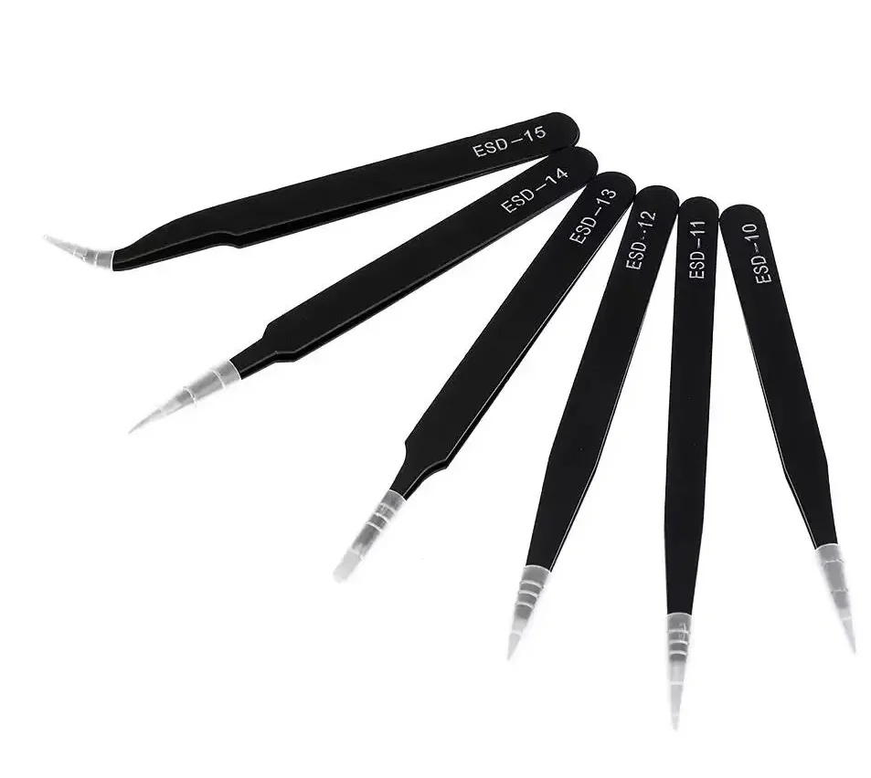 Antistatic Stainless Steel Tweezers 6 PCS Precision Maintenance Industrial Repair Curved Tool Home Work Model Making Hand Tools
