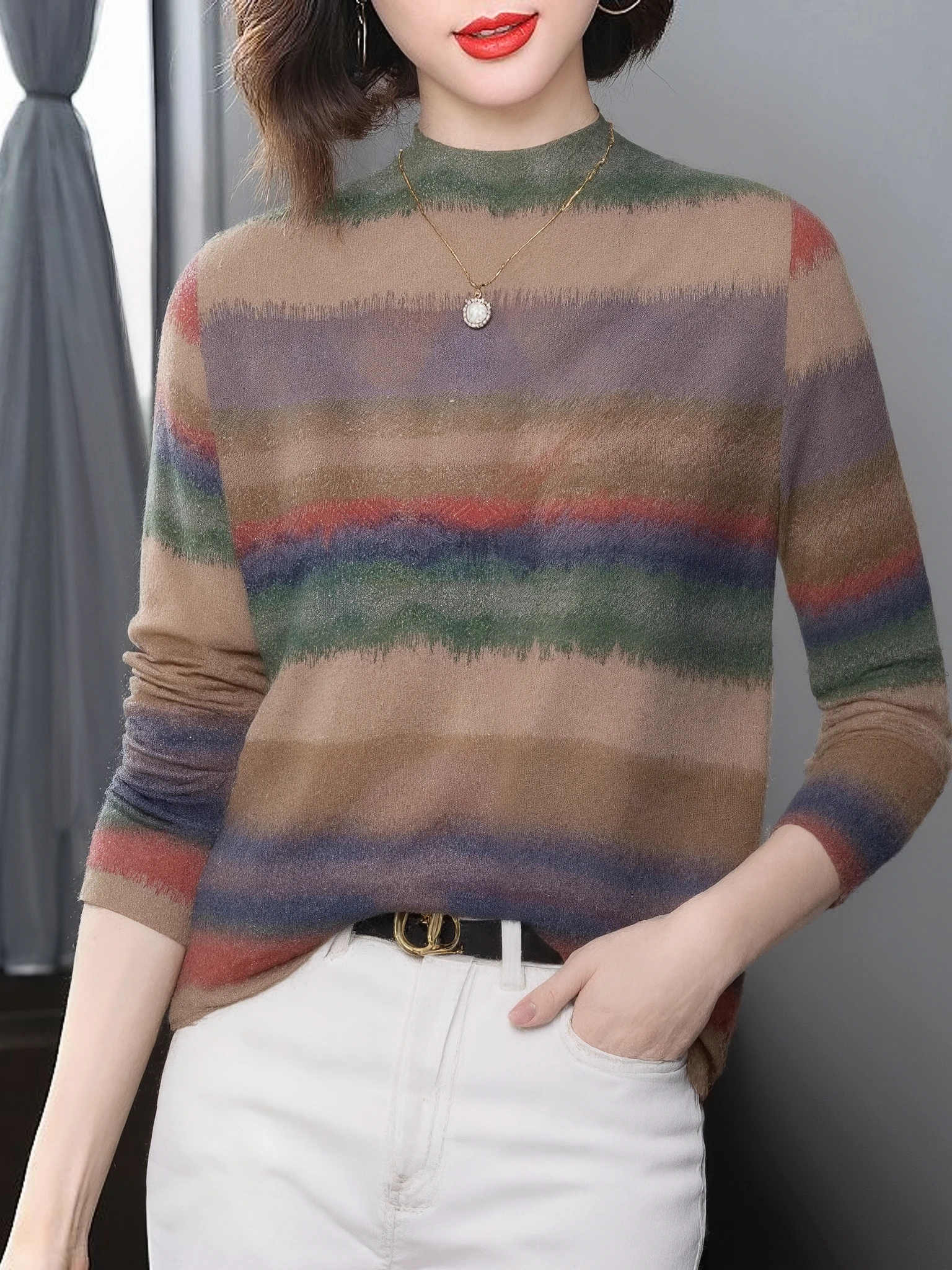 

Элегантный топ с высоким воротом и длинными рукавами в полоску для женщин среднего возраста, скрывающий живот, осенне-зимняя новинка, стройнящий силуэт