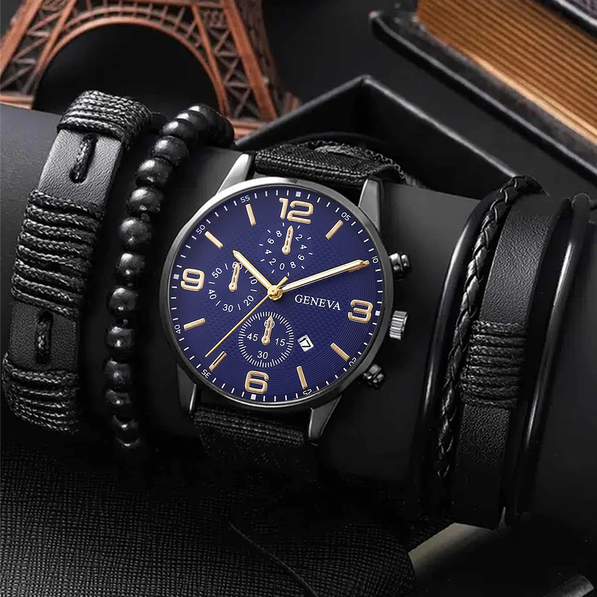 New 4PCS Leisure Business Fake Three Eyes Roman Digital Calendar Pointer Canvas Strap Quartz Watch Luxury Leather Bracelet Set